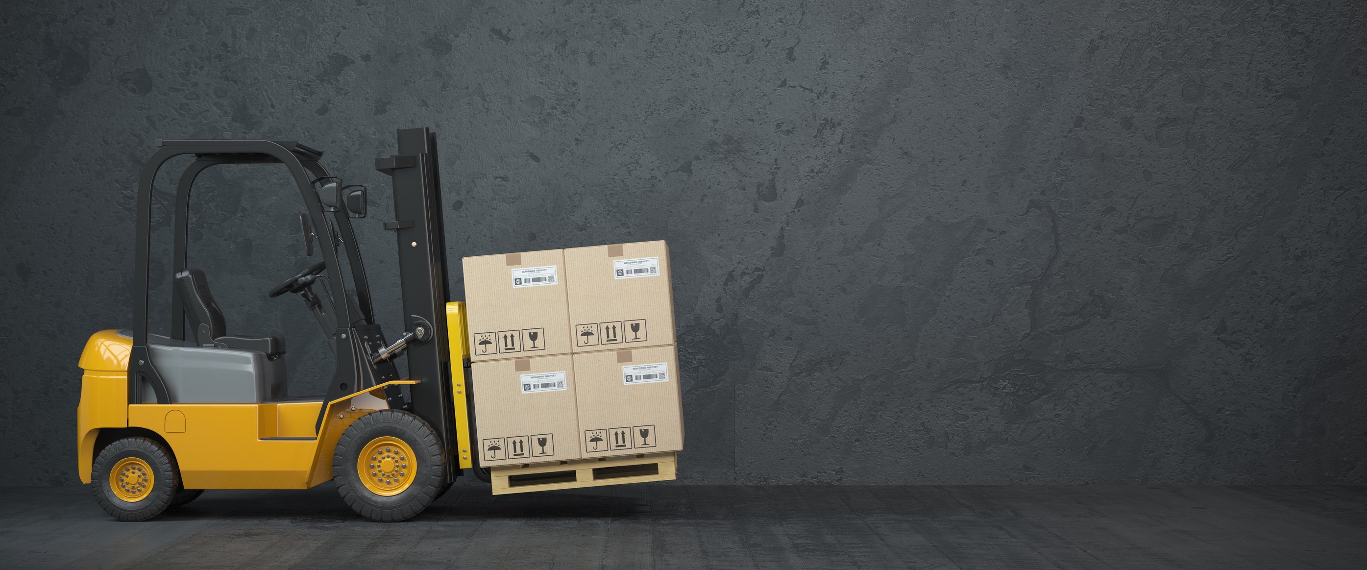 Forklift truck with cardboard boxes on  dirty wall background.